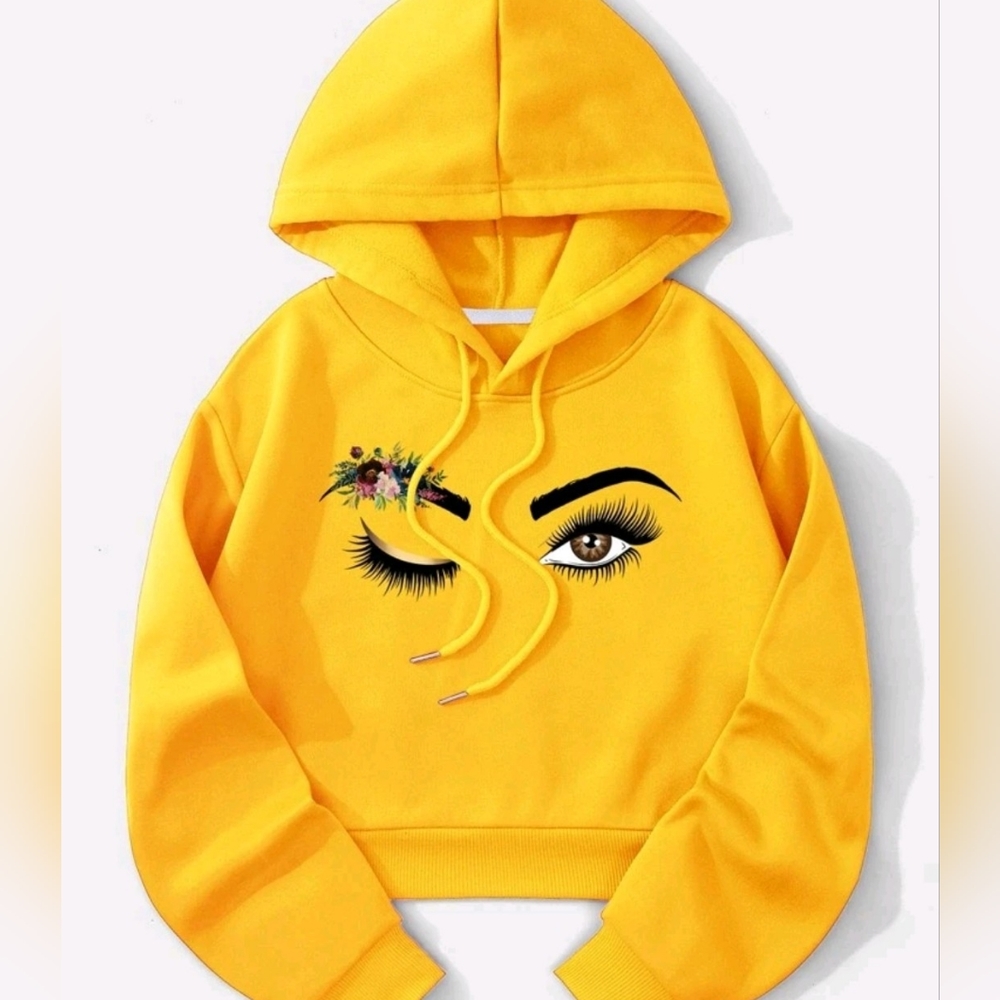Floral & Eye Print Drawstring Crop Hoodie